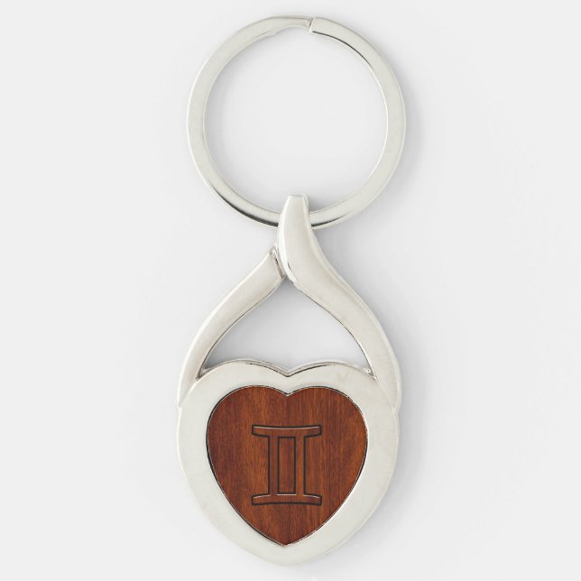 Gemini Zodiac Symbol on Mahogany like Decor Key Ring (Front)