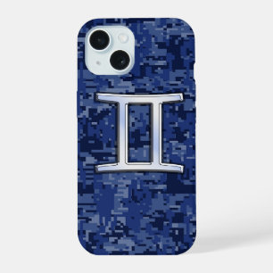 Gemini Zodiac Symbol on Navy Blue Camo iPhone 15 Case