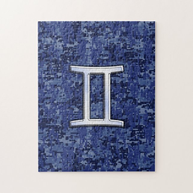 Gemini Zodiac Symbol on Navy Blue Digital Camo Jigsaw Puzzle (Vertical)