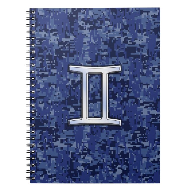 Gemini Zodiac Symbol on Navy Blue Digital Camo Notebook (Front)