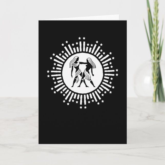 Gemini Zodiac Symbol with Stars Black and White  Card (Front)