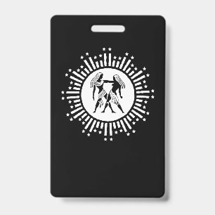 Gemini Zodiac Symbol with Stars Black and White ID Badge