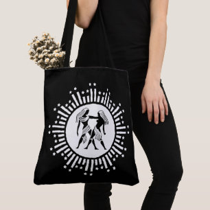 Gemini Zodiac Symbol with Stars Black and White Tote Bag