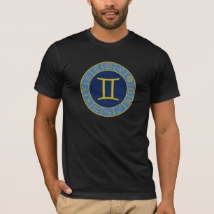 Gemini Zodiac Wheel+Astrology Symbols Gold+Blues T-Shirt