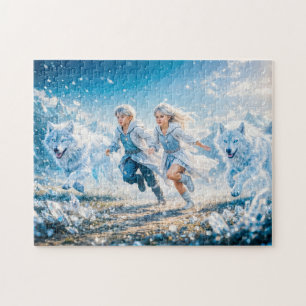 Gemini Zodiac with Twin Children and White Wolves Jigsaw Puzzle