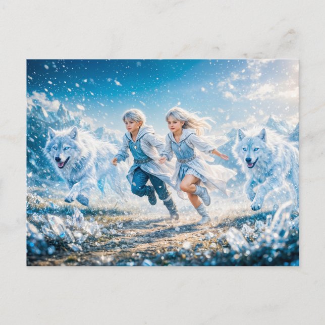 Gemini Zodiac with Twin Children and White Wolves Postcard (Front)