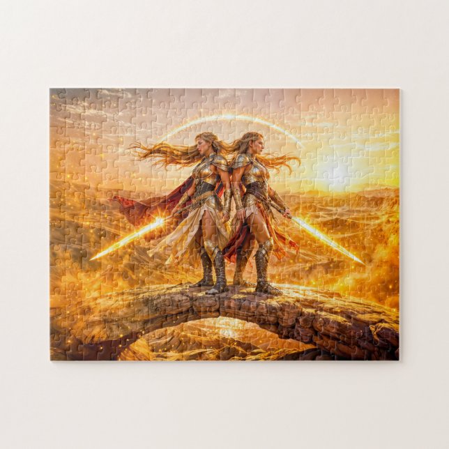 Gemini Zodiac with Twin Warrior Women and Glowing  Jigsaw Puzzle (Horizontal)