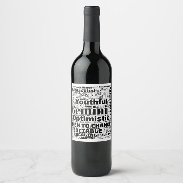 Gemini Zodiac Word Cloud Inspiration  Wine Label (Front)