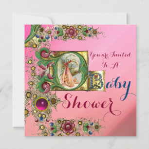GEMS AND PINK GOLD FLORAL STORK GIRL BABY SHOWER INVITATION