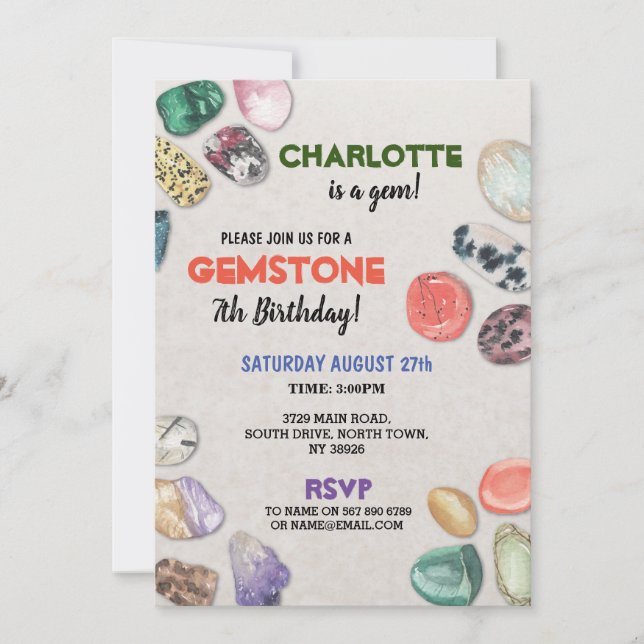 Gemstone Birthday Party Rocks Gems Crystals Invite (Front)