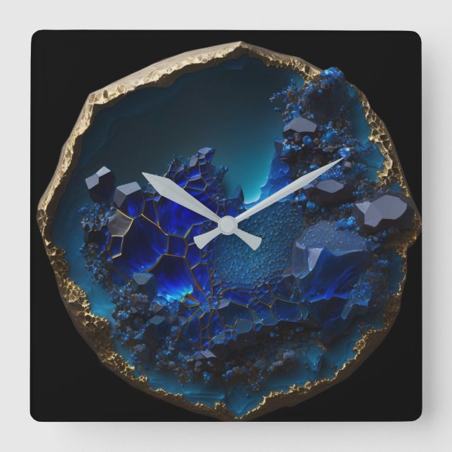 Gemstone Blue Sapphire Crystal Rock Square Wall Clock (Front)