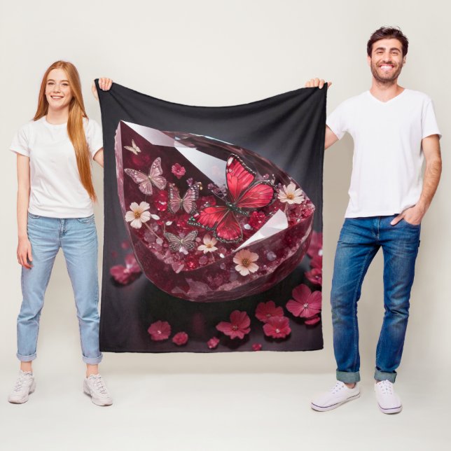 Gemstone crystals ruby butterfly garden fleece blanket (In Situ)