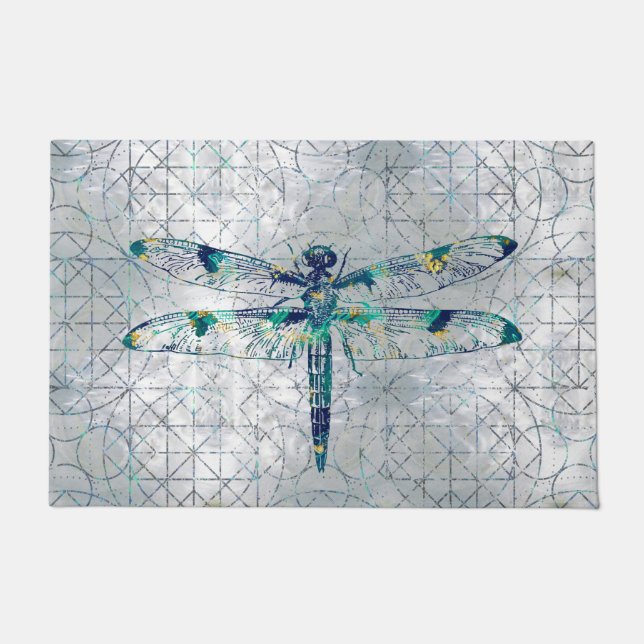 Gemstone Dragonfly on sacred geometry pattern Doormat (Front)