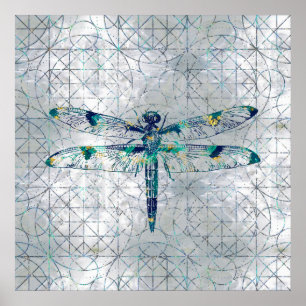 Gemstone Dragonfly on sacred geometry pattern Poster
