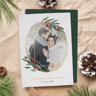 Gemstone   Geometric Botanical Photo Foil Holiday Card