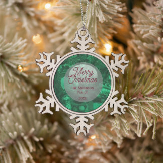 Gemstone Green Abstract Family Merry Christmas Snowflake Pewter Christmas Ornament