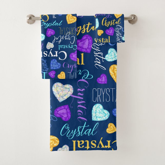 Gemstones hearts custom name colourful Crystal Bath Towel Set (Insitu)