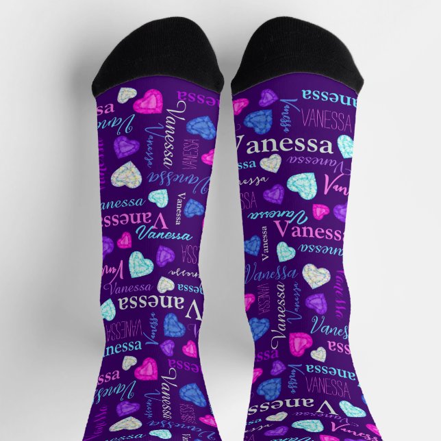 Gemstones hearts custom name colourful Vanessa Socks (Top)