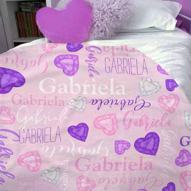 Gemstones hearts custom name pastel pink purple fleece blanket (Creator Uploaded)