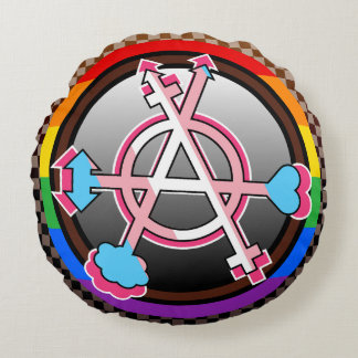 Gender Anarchy Symbol, Emblem on Dark Chequerboard Round Cushion