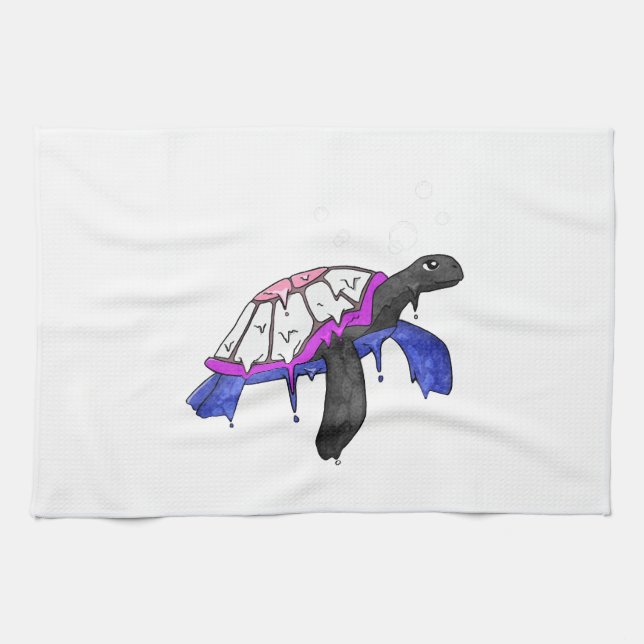 Gender Fluid Pride Flag Sea Turtle Subtle LGBTQ Tea Towel (Horizontal)