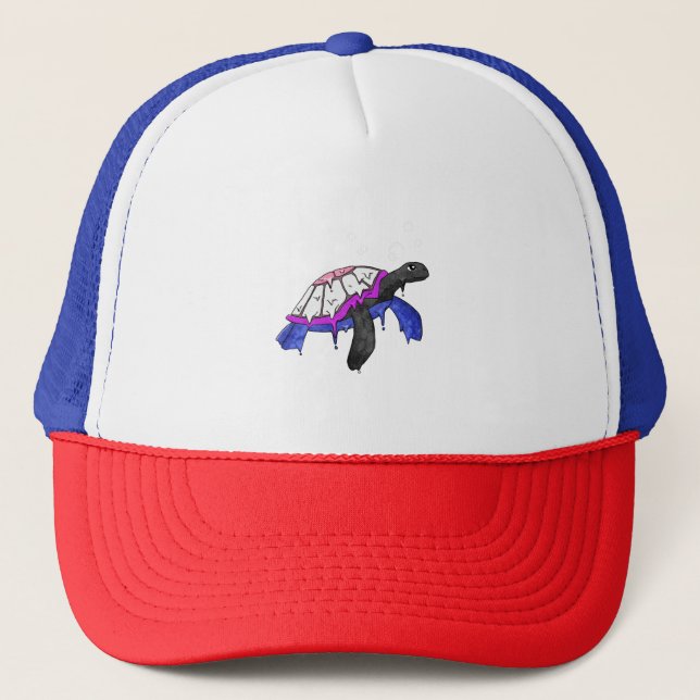 Gender Fluid Pride Flag Sea Turtle Subtle LGBTQ Trucker Hat (Front)