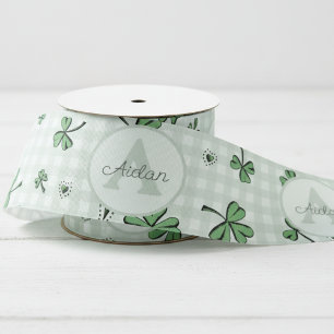 Gender Netural Monogrammed Green Shamrocks Grosgrain Ribbon