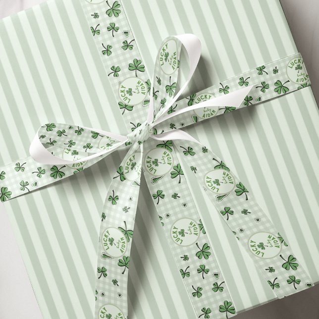 Gender Netural Monogrammed Green Shamrocks Grosgrain Ribbon (Cute Gender Neutral St. Patrick's Day Pattern of Green Shamrocks and Adorable Hearts on Gingham Back)