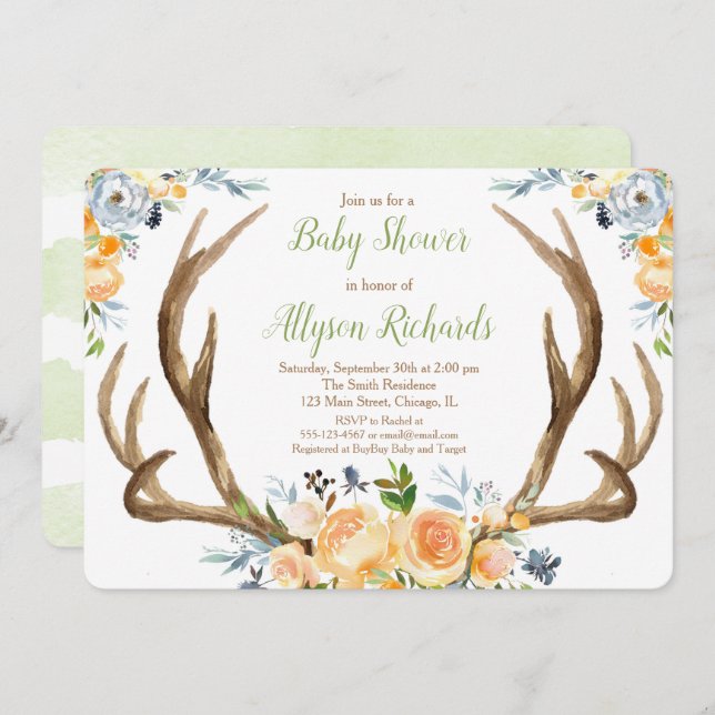Gender neutral antlers baby shower sprinkle invitation (Front/Back)