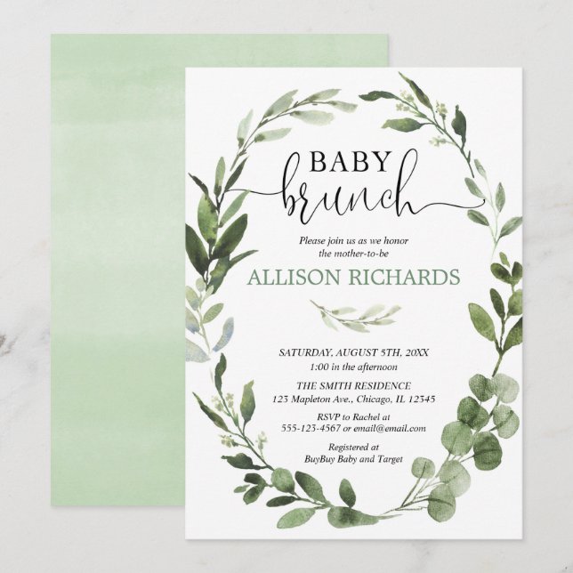 Gender neutral baby brunch eucalyptus foliage invitation (Front/Back)