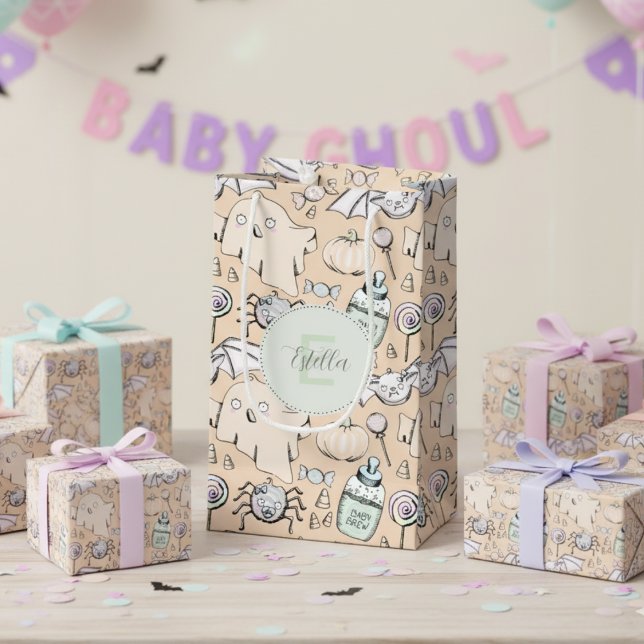 Gender Neutral Baby Halloween Pumpkin Ghost Small Gift Bag (Cute Halloween Gift Bags for Gender Neutral Fall Baby Shower. Spooky Ghosts, Bats & Pumpkin Pattern)