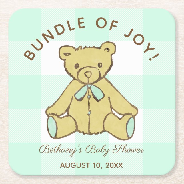 Gender Neutral Baby Shower Bear Mint Green Square Paper Coaster (Front)