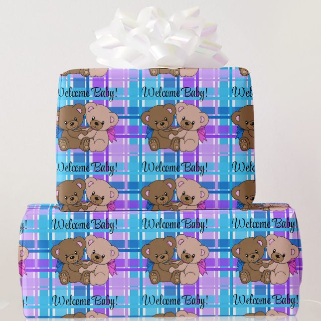 Gender Neutral Baby Shower Custom Text Teddy Bears Wrapping Paper (Creator Uploaded)