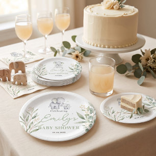 Gender Neutral Baby Shower Elephant Eucalyptus Paper Plate