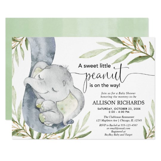 Gender neutral baby shower, elephant greenery gold invitation