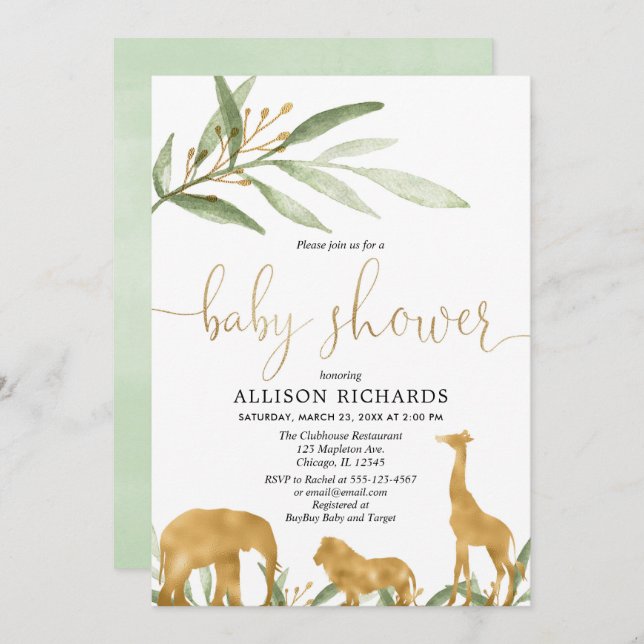 Gender neutral baby shower invitation, gold safari invitation (Front/Back)