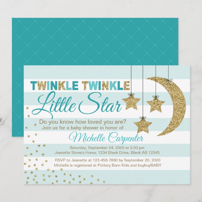 Gender neutral baby shower invite teal and gold (Front/Back)