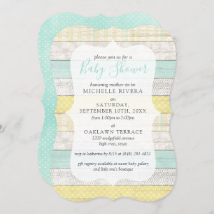 Gender Neutral Baby Shower Mint Yellow Rustic Wood Invitation