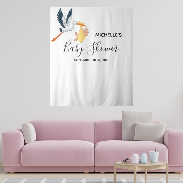 Gender neutral baby shower stork photo backdrop tapestry (Creator Uploaded)