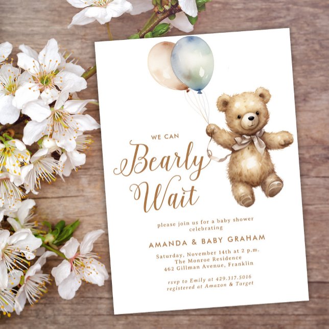 Gender Neutral Bearly Wait Teddy Bear Baby Shower Invitation (Creator Uploaded)