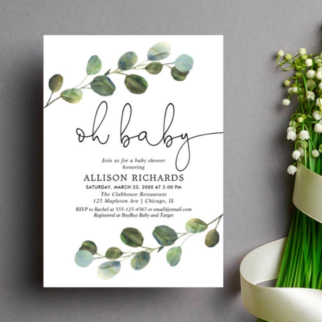Gender neutral black white eucalyptus simple invitation (Creator Uploaded)