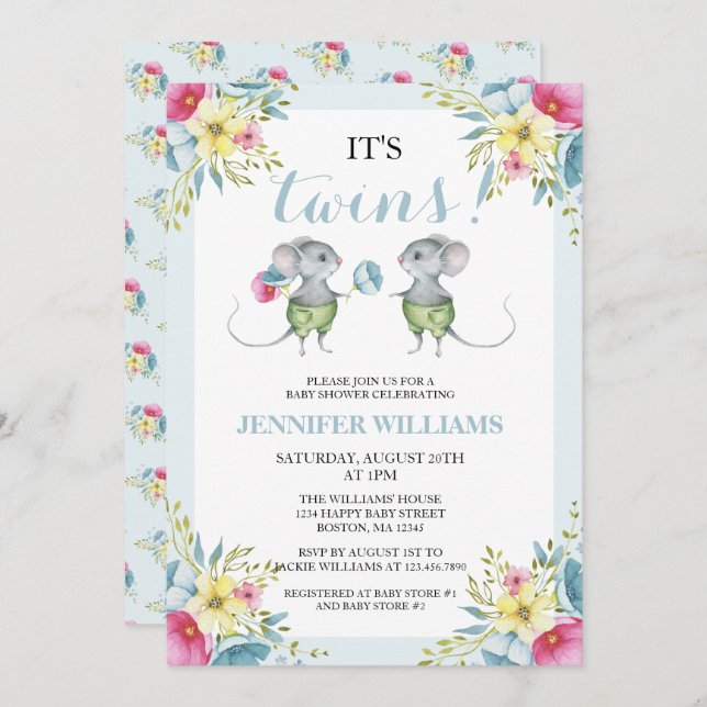 Gender Neutral Blue Boy & Boy Twins Baby Shower  Invitation (Front/Back)