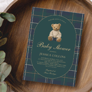 Gender Neutral Blue Green Teddy Bear Baby Shower Invitation