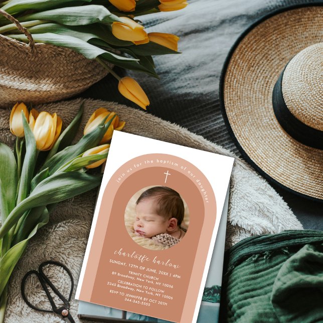 Gender Neutral Boho Arch Cross Photo Baptism Invitation (Gender Neutral Boho Arch Cross Photo Baptism Invitation)