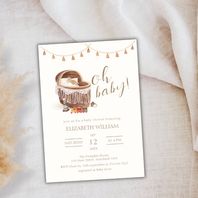 Gender Neutral Boho Bassinet Toy Baby Shower Invitation (Gender Neutral Boho Bassinet Toy Baby Shower Invitation)