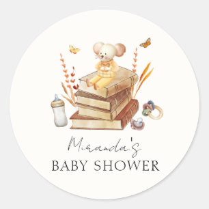 Gender Neutral Boho Book Mouse Baby Shower  Classic Round Sticker