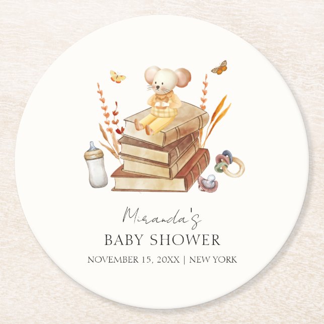 Gender Neutral Boho Book Mouse Baby Shower  Round Paper Coaster (Front)