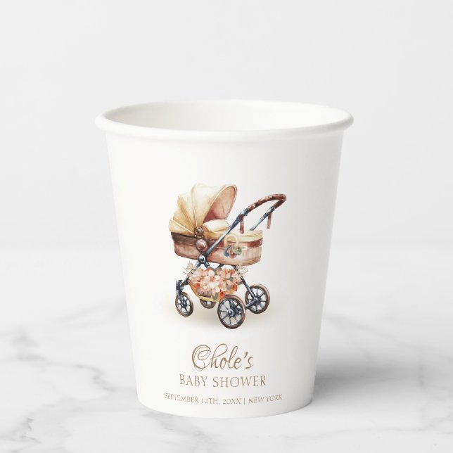 Gender Neutral Boho Floral Stroller Baby Shower Paper Cups (Front)