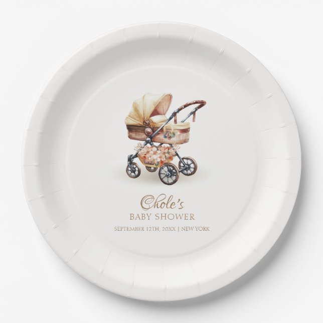 Gender Neutral Boho Floral Stroller Baby Shower Paper Plate (Front)