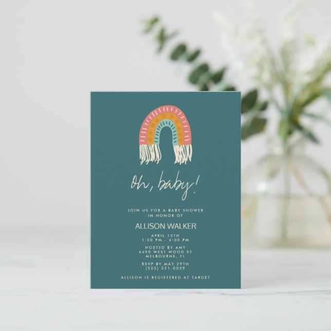 Gender Neutral Boho Rainbow Baby Shower Invitation Postcard (Standing Front)
